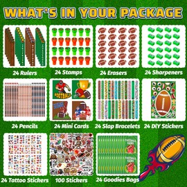 QAUYETM 340 Pcs Football Party Favor Set Football Goodie Bag Stuffers Mini Cards Pencil Sharpener Eraser Tattoos Stickers Bracelets for Team Gift Ideal Football Birthday Party Decorations Supplies