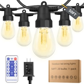 CAWWS LED Outdoor String Lights 50FT,Patio Lights with 20 Dimmable Bulbs,IP66 Waterproof Shatterproof, with Remote Control,2700k Outside Hanging Lights for Backyard Porch Garden Decoration