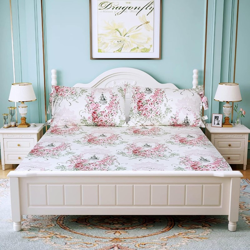 ABREEZE Sheets Set Queen Floral Sheets 100% Cotton Elegant Farmhouse