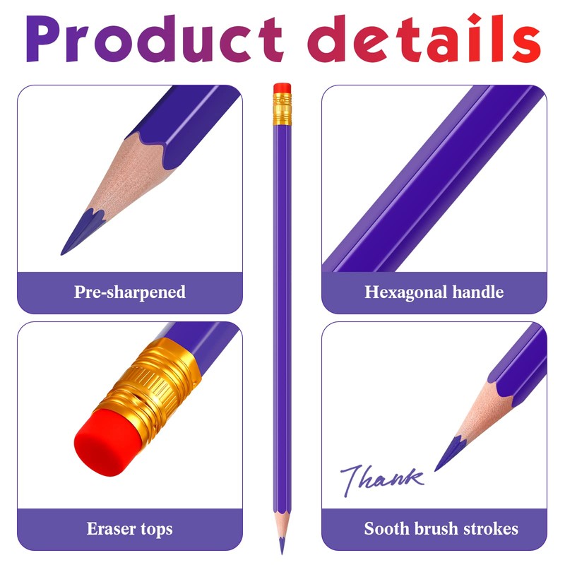 Zhanmai 24 Pieces Purple Pencils with Eraser Pre-sharpened Erasable Checking