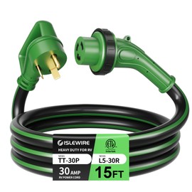 ISLEWIRE 30 Amp 15 Feet RV Power Cord, Heavy Duty 10 Gauge STW Cord with LED Power Indicator Twist Connector, NEMA TT-30P to L5-30R with Cord Organizer for RV Trailer Campers, Black&Green, ETL Listed