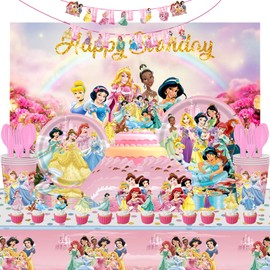 126Pcs Themed Party Tableware For Princess 10 People Set - Includes 7IN and 9IN Plates, Cups, Napkins, Balloons, Backdrop,Banner,knives, forks and spoons - Perfect for Kids' Birthday Party (126Pcs)