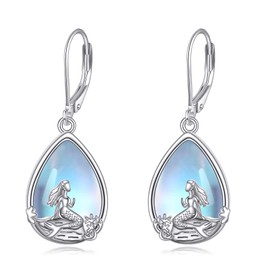 DAYLINLOVE Mermaid Earrings 925 Sterling Silver Moonstone Mermaid Dangle Leverback Earrings Mermaid Moonstone Jewelry Gifts for Women Mother Girls Mom