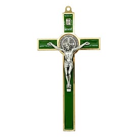 Small Saint Benedict Wall Cross | Patron Saint of Students | 5.75" Tall | Gold-Tone Accents | Great Catholic Gift for Baptism, First Holy Communion, and Confirmation | Christian Home Décor (Green)