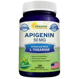aSquared Nutrition Apigenin 50mg & L-Theanine 200mg - 120 Capsules - Apigenin Supplement Pills for Sleep and Relaxation - Natural Bioflavonoid Extract Found in Chamomile Tea