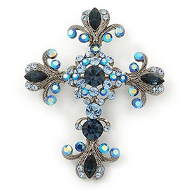 Statement Cobal/Sky Blue Austrian Crystal Filigree Cross Brooch/Pendant In Gunmetal - 70mm Length