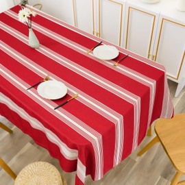 DriftAway Burlap Linen Tablecloth Christmas Red White Striped Table Cloth Dining Table Cover for 6 Foot Rectangle Tables Farmhouse Striped Tablecloths for Holiday Party Picnic Decoration 54 x 84 Inch