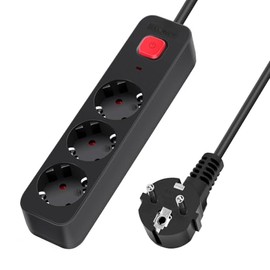 German 3-way series L power strip with switch, length 1.5 m and 1.5 mm² 3G cable in black, perfect for organising and controlling electrical devices.