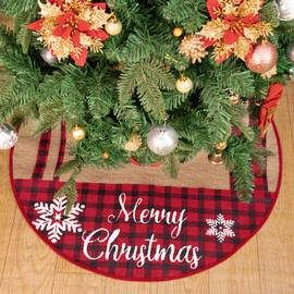 Christmas Burlap Tree Skirt 30 inch, HOHOTIME Small Tree Skirt with Red and Black Plaid Overalls Pattern Tree Skirt Mat for Holiday Party Christmas Tree Decorations