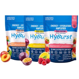 Hyburst Energy + Hydration Amplifier - Multivitamin Electrolyte Powder Packets with Vitamins D3 K2 & B6 B12 | L-Theanine, Cane Sugar, Caffeine Free Energy Drink Powder | Variety Pack, 15 Pack