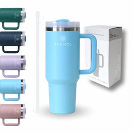 TREWOL Insulated Tumbler to Go with Handle and Straw | 1200 ml | Stainless Steel Thermos Bottle BPA Free | Keep Cold 24 Hours / Hot 12 Hours (Light Blue)