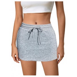 winkbay Women's Drawstring Elastic Waist Mini Skirt Workout Athletic Knit Skirts with Pockets Grey Large