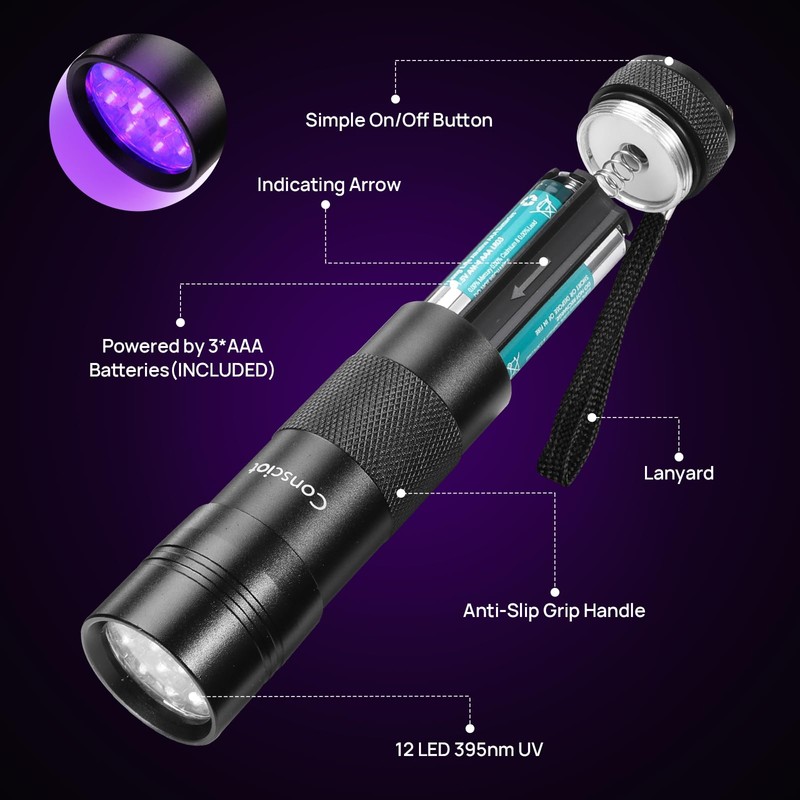 Consciot 2 Pack UV Flashlight Black Light, 12 LED 395nm