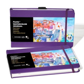 Funto Watercolor Journal, 8.5x5.5", 2 Pack, 48 Pages Each, Purple Leather Cover, Cold-pressed, Inner Paper Pocket, Art Supplies for Mixed Media