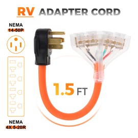 MOOTVGOO 50 Amp to 110V 20 Amp RV Adapter Cord, 4 Prong NEMA 14-50P Male Plug to 4X 5-15/20R Household Outlet Female Connectors Adapter Cord with Dust Protection Caps, 1.5 FT