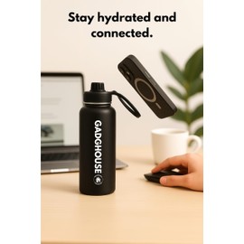 GadgHouse 40oz Stainless Steel Water Bottle with Magnetic Phone Holder, Compatible with Apple and Android. Leakproof, Insulated, BPA-Free, Keeps Hot 12H Cold 24H, for Gym, Office, Travel (ONYX BLACK)