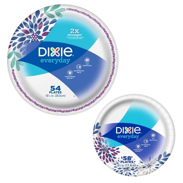 Dixie Everyday Paper Plate Bundle, Large Plate and Small Plate - Dinner (54 ct) and Dessert (58 ct) Plates (Styles May Vary)