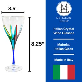 Crystal Italian Wine Glasses, Set of 2, Fusion, 8 OZ Glasses, Colorful Stems, Luxury Crystal Glassware Wine Goblets, Unique and Modern Wine Glasses, Great for Red or White, Unique Gift, Made In Italy