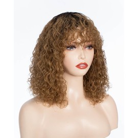 JOEDIR LUX Glueless Short Curly Human Hair Wig with Bangs No Lace Front Omber Black Ginger Jerry Curly Wig