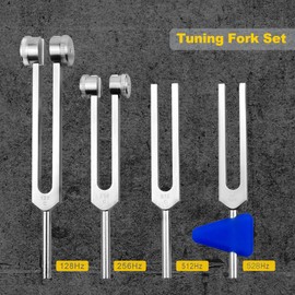 Tuning Fork Set 4 Pcs 128Hz 256Hz 512Hz 528Hz Tuning Forks for Healing Chakra Set with Reflex Hammer Gift for Buddhists Yoga Teacher Sound Healer