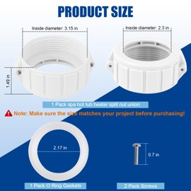 2" Spa Hot Tub Heater Split Nut Unions with Screw and Heater Gasket/O-Rings, Spa Heater Split Nut Replacement for Balboa Gecko (Actual Size 3 Inch, Split Nut for 2 Inch Heater Assemblies) - White