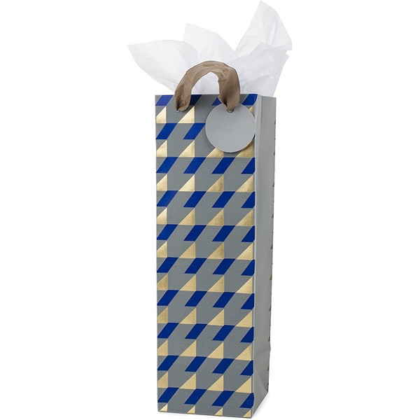 Hallmark Bottle Gift Bag with Tissue Paper (Navy, Gold, Gray Geometric Plaid) for Hanukkah, Christmas, Father's Day, Weddings, Engagements, Birthdays and Graduations