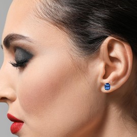 SeagullIN Women's 8x10 Cushion Princess Cut Gemstone 18k Gold Plated Created Blue Sapphire Gemstone Stud Earrings - Birthstone Stud for Her