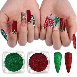 BASEMMAHER Shiny Nail Art Chrome Powder Glitter Red Green Sugar Pigment Dust Powder Holographic Superfine French Nail Sugar Glitter Iridescent Candy Coat Nails Sweater Design Manicure Decorations