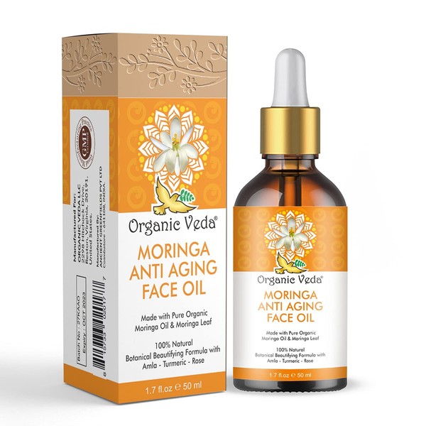 Organic Veda Anti-Aging Moringa Face Oil, Moisturizing & Age-Defying, Cold Pressed, with Amla, Turmeric, Rose 1.7 fl oz