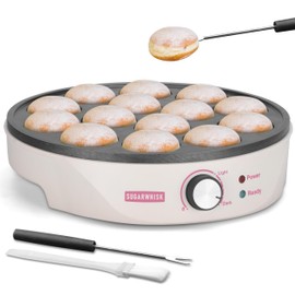 SugarWhisk Mini Pancakes Maker Machine with 14 Larger & Deeper Grooves, Electric Mini Pancake Pan, Aebleskiver Pan, Ebelskiver Pan, Browning Controllable, White