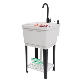 LyeXD Utility Sink with Faucet, Freestanding Plastic Laundry Sink with Soap Box & Storage Rack, PP Kitchen Space Saving Laundry Tub Wash Tub Outdoor Sink for Laundry Room & Garage (White)