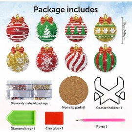 8 Pcs DIY Diamond Art Painting Coasters Christmas Balls with Holder, Christms Style Coasters Diamond Art Kits for Adults Beginners. Diamond Craft Supplies Coasters for Drinks.XMAS10
