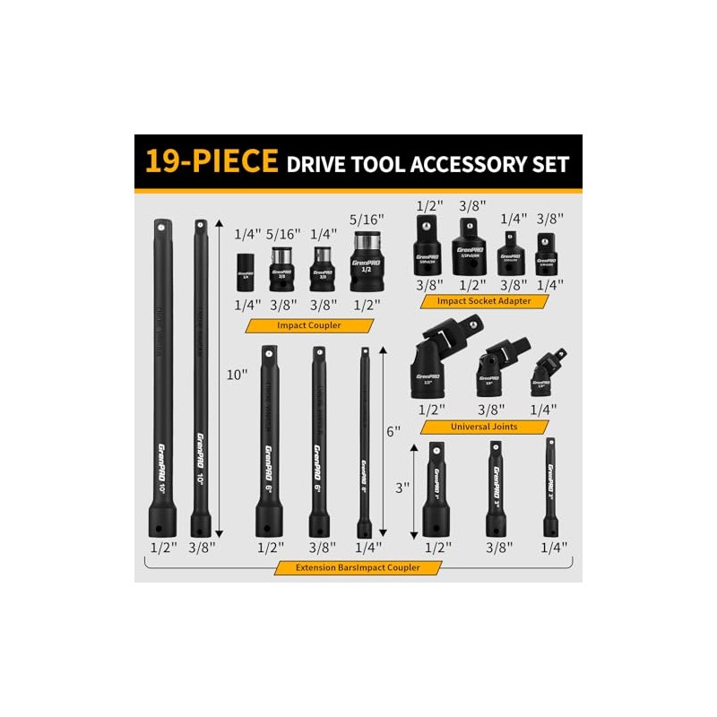 GRENPRO Impact Socket Extension Set 19-Piece 50BV30, Socket Extension Bar,