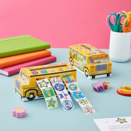 1080 Count Teacher Reward Motivational Stickers, Bulk Rolls for Students, Classroom Necessities, Daycare Supplies with 2 School Bus Dispensers (6 Rolls, 5.7x2.7X 2.5in)