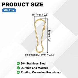 PATIKIL Lanyard Hooks, 60 Pcs 50mm Stainless Steel 304 Spring Snap Hook Metal Clips Clasp for Key Chain Key Rings ID Card Shower Curtain, Gold