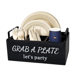 Paper Plate Holder, Utensil Caddy Organizer, Wood Paper Plate Dispenser, Silverware Caddy Holder, and Disposable Coffee Bar Accessories Box for Kitchen Counter, Party, Camping, Picnic (4 compartment)