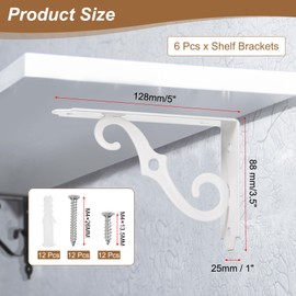 sourcing map 6 Pcs Decorative Shelf Brackets, 5" x 3" Heavy Duty Floating Shelf Brackets Wall Mounted Metal l Shelf Brackets for Wall Bookshelves Shelves Support, White