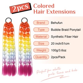 Colored Hair Extensions, Behufun 2Pcs 20" Lightweight Colored Hair Extensions for Kids Bubble Ponytail Extension with Hair Tie, Ombre Crazy Hair Day Accessories for Girls Festival Rave D4