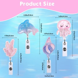 4 Pcs Nurse Badge Reels, Marine Animal Pink Cute Badge Reel Retractable with 360 Rotating Metal Alligator Clip for Nurses Teachers Students Workers Girls ID Cards (Colorful)