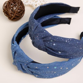 WOVOWOVO Denim Knotted Headbands for Women, Fashion Womens Hair Headband Non Slip Girls Denim Hairband Top Knot Hair Hoops Thick Head Band Hair Accessories for Women (Sparkly)