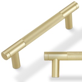 POVEFONK 10 Pack 3-3/4 inch(96mm) Brushed Brass Kitchen Cabinet Handles Knurled Cabinet Pulls Gold Drawer Pulls Kitchen Hardware