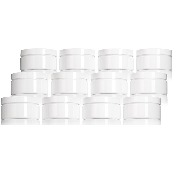 JUVITUS 8 oz White PET Plastic (BPA Free) Low Profile Jar with White Lids (12 pack) Refillable Empty Storage Containers