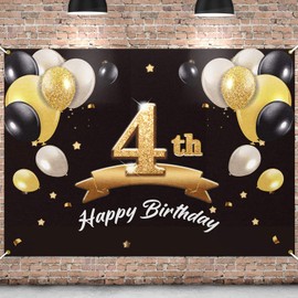 PAKBOOM Happy 4th Birthday Banner Backdrop - 4 Birthday Party Decorations Supplies for Boys - Black Gold 4 x 6ft
