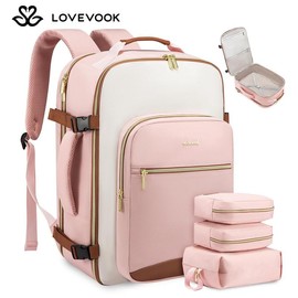 LOVEVOOK Colorblock Carry-On Travel Backpack with 3 Packing Cubes and Laptop Compartment - Personal Item,TSA-Friendly, Airline Approved Travel Bag for Hiking, Overnight, Weekend,Gift for Valentine's Day:_Pink-beige-brown_40L