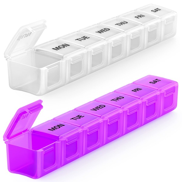 2 Pack Weekly Extra Large Pill Organizer, BUG HULL XL Daily Pill Box, 7 Day Pill Case Oversize Daily Medicine Organizer for Vitamins, Cod-Liver Oil, Supplements (White+Purple)