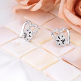 Sterling Sliver Paw-Print Heart-Shaped Stud Earrings for Women Hypoallergenic Cubic Zirconia Fashion Cute Animal Pet Dog Paw Love Heart Stud Earrings for Sensitive Ears