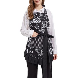 Surblue Women's Vintage Ruffle Floral Apron with 2 Pocket, Extra-Long Adjustable Tie Retro Plus Size Apron for Cooking Home Baking Garden Kitchen, Black (1 PC)