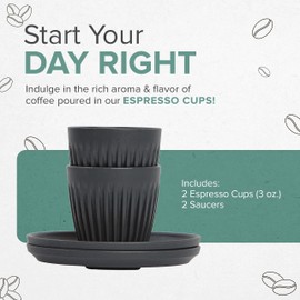 HUSKEE Espresso Cups Set of 2 - Reusable Small Coffee Cups with Unique Fins for Espresso & Macchiato - Insulated Espresso Cups with Saucers Made with Repurposed Coffee Husks - 3 oz., Natural