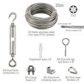 Wire Rope Stainless Steel Set, 20 m Climbing Aid Steel Cable with Turnbuckle Rope Tensioner M5 Hook + Eyelet, Eye Screw, Wire Rope Clips, Rope Thimbles, Aluminium Rope Clamps, Trellis Made of