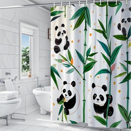 Shower Curtain 180x180cm Green Mould Proof Resistant Waterproof Cute Panda Bathroom Curtains Polyester Fabric Bath Curtain Weighted Hem with 12 Hooks Machine Washable Shower Curtain for Bathroom